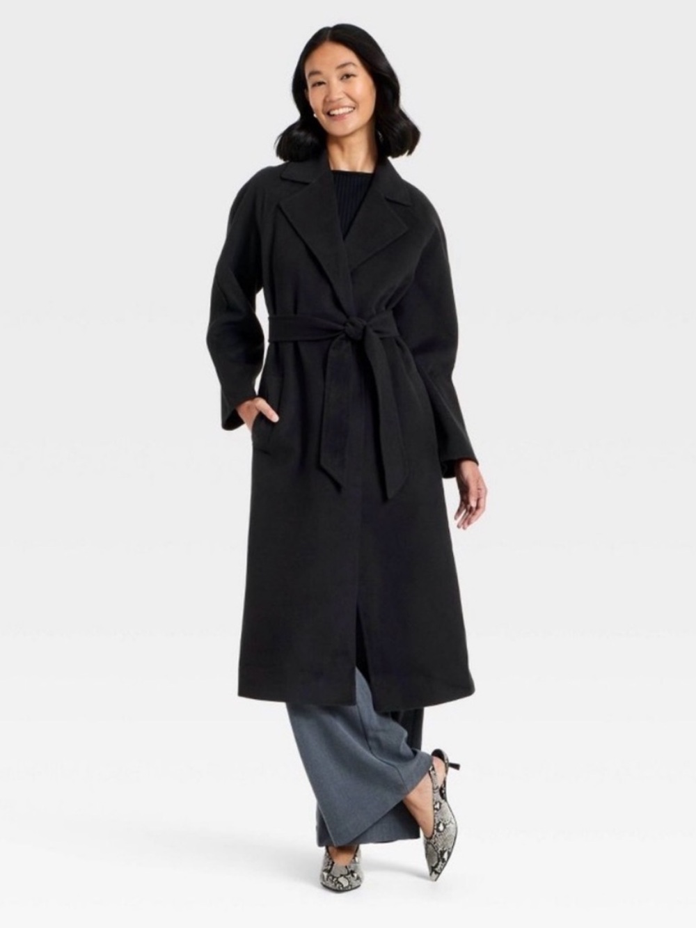 a new day Black Long Belted Wrap Coat
